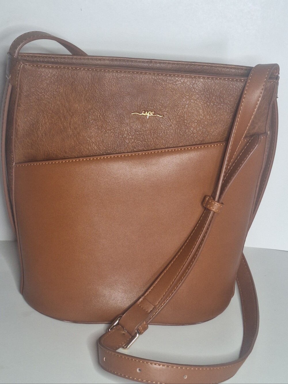 Espe Brown Tan Certified Vegan Leather Adjustable Crossbody Bucket Bag